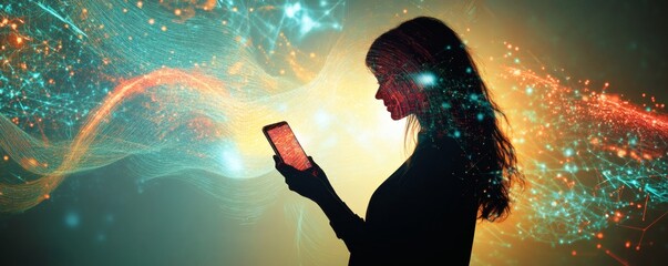 A woman holds a device amid flowing digital information waves