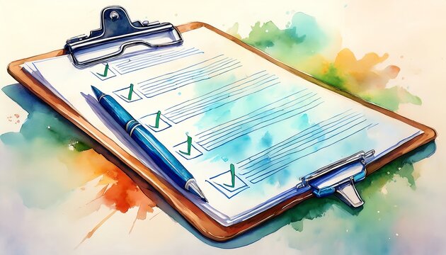 An artistic illustration of a clipboard with a checklist and a pen, surrounded by colorful watercolor splashes, symbolizing organization and productivity.