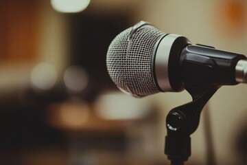 Obraz premium Close-up Image of a Vintage Microphone in a Dimly Lit Room