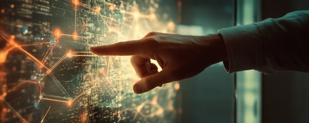 A hand points at a digital screen with glowing lines and nodes