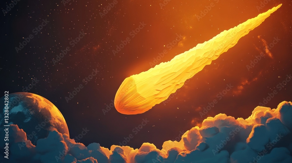 Poster a comet with a long glowing tail passing by a planet. a paper art style 3d
