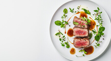 Sliced steak with herbs and sauce on white plate