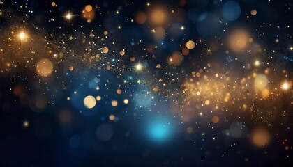 Magical starry bokeh overlay with tiny golden and blue dots. Blurred bokeh star lights background