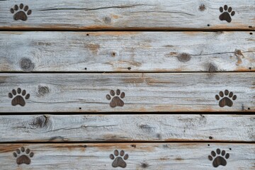 Wooden Surface with Paw Prints on a Rustic Plank Background