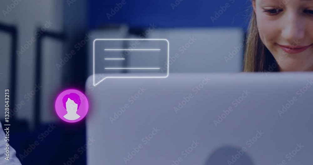 Poster using laptop with animation of chat bubble and profile icon overlay