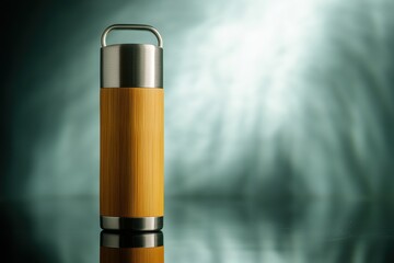 Elegant Bamboo Water Bottle with Stainless Steel Lid and Reflective Background