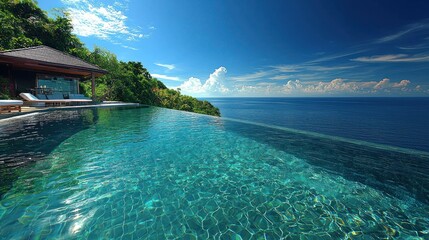 Obraz premium Infinity pool overlooking ocean, villa, cliff.