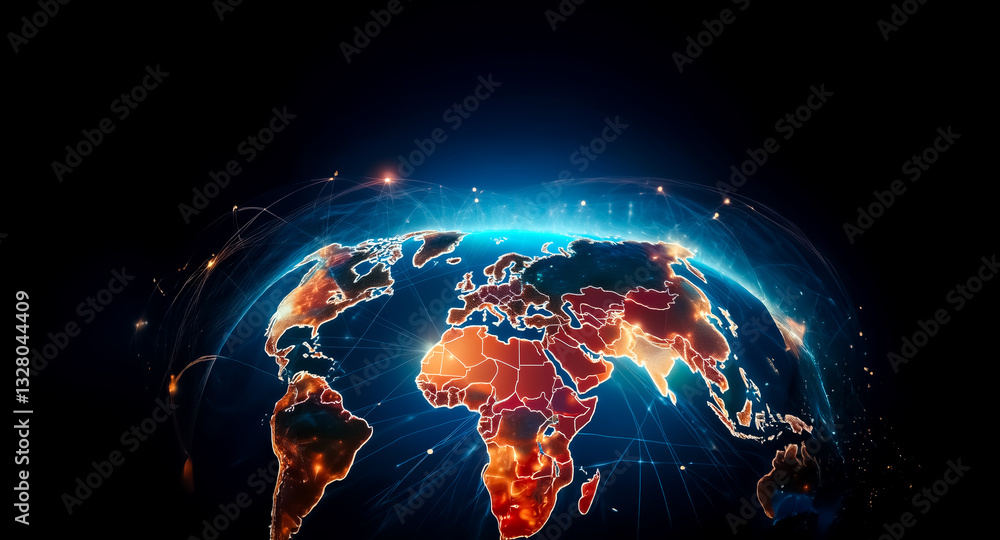 Poster glowing world map with illuminated continents in warm colors, showcasing global connections with lig