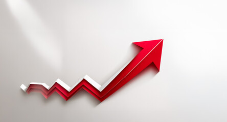 A red arrow ascends a white backdrop, symbolizing upward trend, progress, and growth. It evokes business success and positive direction.