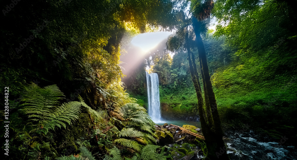 Poster sunlight streams into a vibrant green forest illuminating a beautiful waterfall cascading down rocks