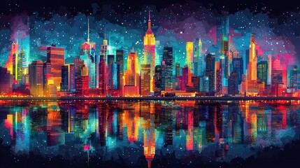 Fototapeta premium Vibrant NYC skyline reflected in water at night.