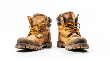 Dirty Tan Leather Work Boots Yellow Laces Studio Shot