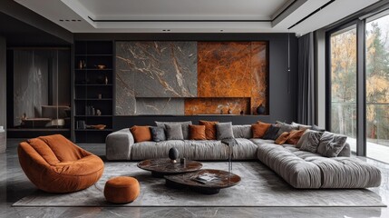 Modern living room with sectional sofa, marble wall, and orange armchair.