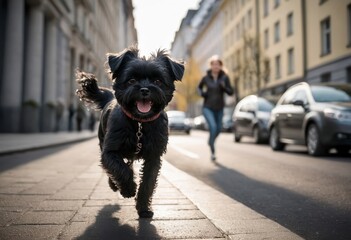 Affenpinscher dog running in the street of a city