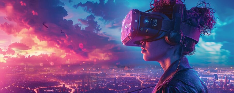 Woman wearing virtual reality headset exploring digital cityscape. Futuristic urban landscape with neon lights. VR technology and immersive gaming concept. Panoramic view.