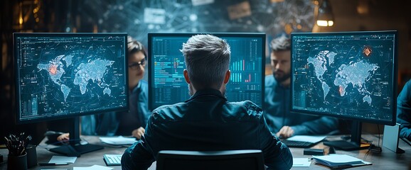 Obraz premium Cybersecurity Team Analyzing Global Data Network