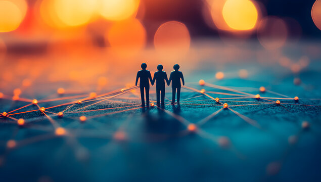 Miniature figures, network connections, blue background, depth of field, conceptual business image, silhouettes, golden light, string art, interconnected nodes, global communications - Powered by Adobe