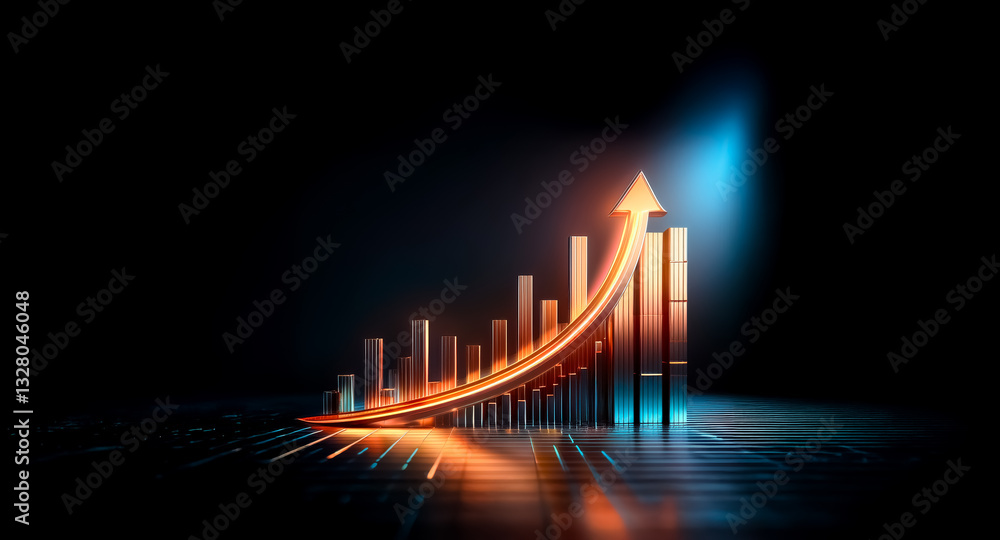 Poster a metallic bar chart with an orange arrow pointing upwards on a dark backdrop. this visual represent