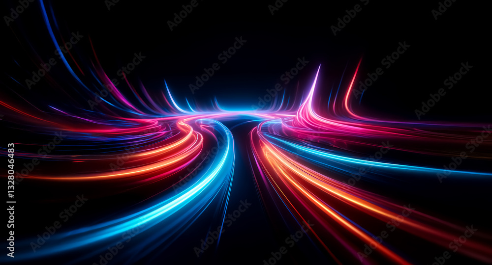 Poster vibrant light streaks of blue, pink, and red flow dynamically on a dark backdrop, creating an energe