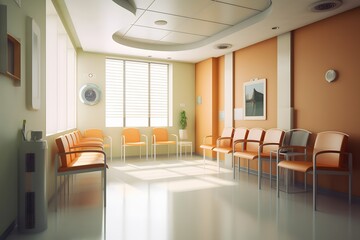 Fototapeta premium A modern hospital waiting room with white walls and blue chairs, bright lighting creating an atmosphere of calmness and healthcare. The focus is on the clean floor, showcasing its smooth texture and l