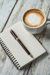 Latte Art Coffee Notebook Pen Wooden Table
