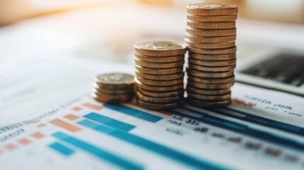 Stacks of Coins on Financial Reports Illustrating Market Trends and Economic Progress in a Modern Business Environment