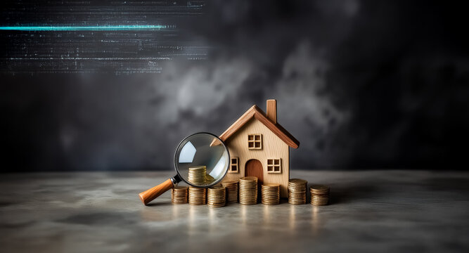 A miniature house model atop coin stacks is examined with a magnifying glass, symbolizing property investment and financial scrutiny in real estate.