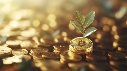 Golden Bitcoin Coins with Green Leaves Symbolizing Growth and Prosperity in the Digital Currency Market