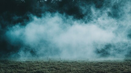 Enigmatic Blue Haze Hovering Over Lush Grass Evoking a Mysterious and Dreamlike Landscape