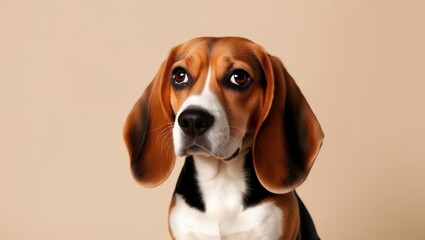 Close-Up Portrait of a Beagle Dog with Expressive Brown Eyes and Floppy Ears, Sitting Against a Light Tan Background. The Charming Canine Exhibits a Sweet, Slightly Sad Expression, Capturing Its Gentl