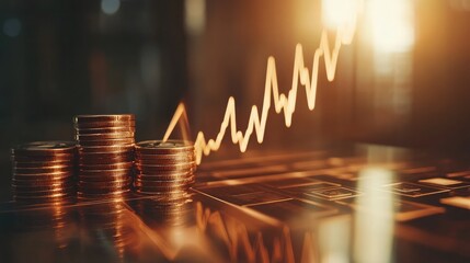 Stacked Coins with an Ascending Line Graph Symbolizing Financial Growth and Investment Strategies Against a Warm Background