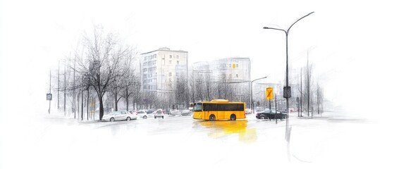 Urban Sketch: Yellow Bus in a Winter Cityscape