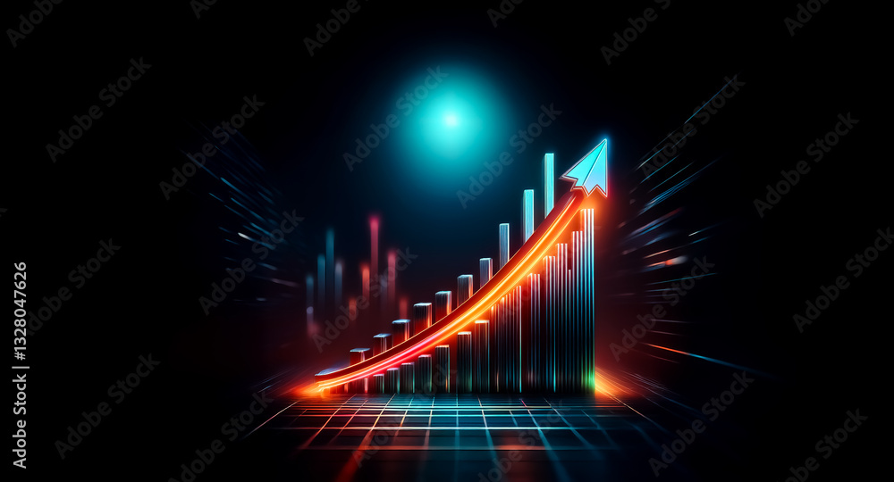 Aufkleber illuminated bar graph showing an upward trend with a vibrant arrow on a dark backdrop. red and orang