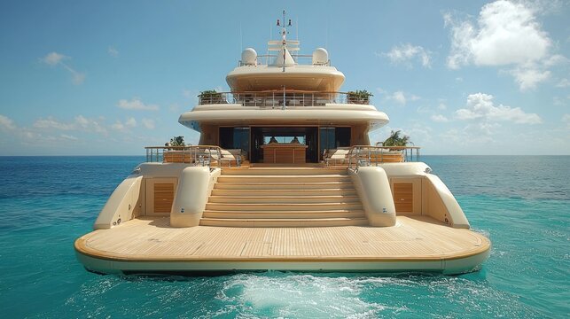 Luxury yacht stern view, swim platform, stairs, ocean.