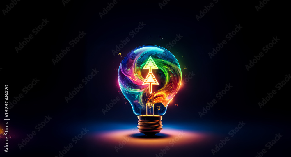 Poster a luminous lightbulb radiates on a dark backdrop, filled with swirling vivid colors and two arrows p