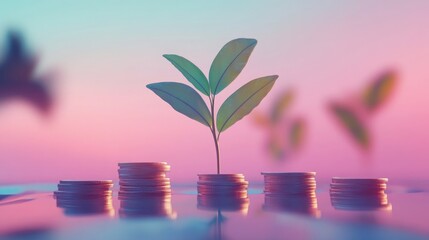 Young Green Plant Growing from Stacked Coins Against a Pastel Sky Symbolizing Financial Growth and Sustainable Investments in a Serene Environment