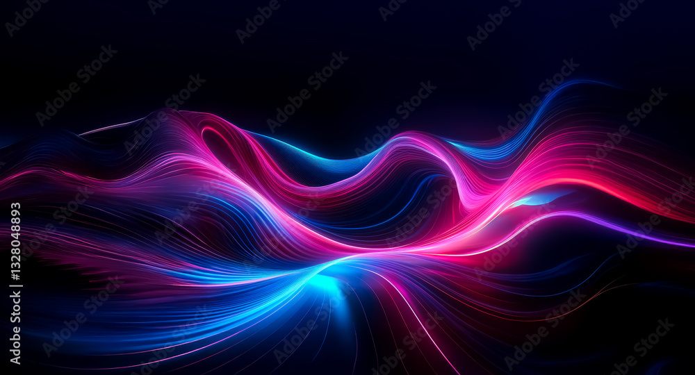 Poster abstract waves of vibrant pink and blue light flow and ripple across a dark backdrop, creating a dyn