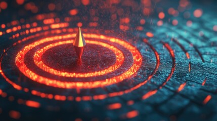 Creative 3D Design Featuring a Central Red Cone Surrounded by Pulsating Orange Circles Representing Market Dynamics and Innovative Concepts