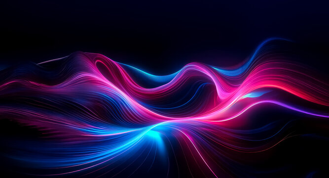 Abstract waves of vibrant pink and blue light flow and ripple across a dark backdrop, creating a dynamic and energetic visual effect.