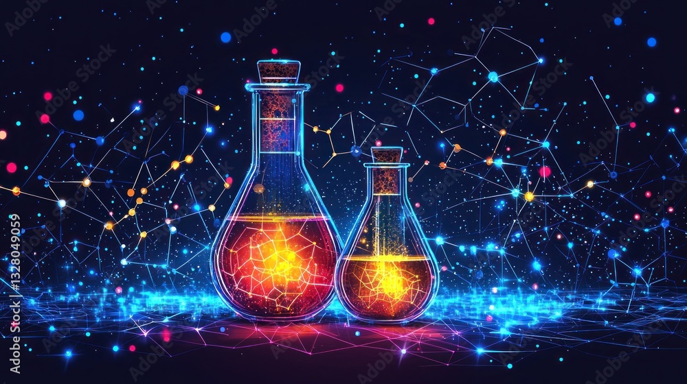 Poster glowing flasks with colorful liquid on a dark background.