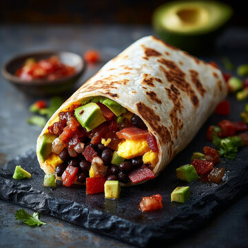 Breakfast burrito filled with black beans, eggs, bacon, avocado, and peppers