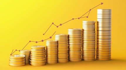 Golden Coins Stacked with a Positive Growth Line on a Bright Yellow Background Representing Economic Success and Wealth Generation
