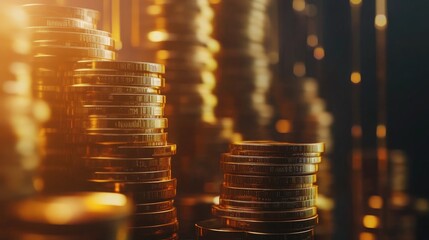 Shimmering Tower of Golden Coins Ascending Towards a Bright Background Symbolizing Financial Growth and Prosperity