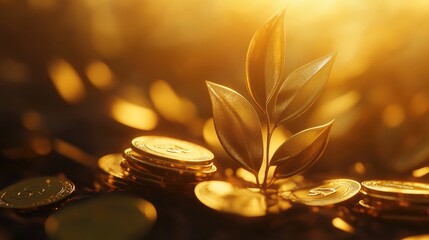 Vibrant Gold Coins Surrounded by Fresh Green Leaves Symbolizing Wealth Growth and Sustainable Investments in a Warm Environment