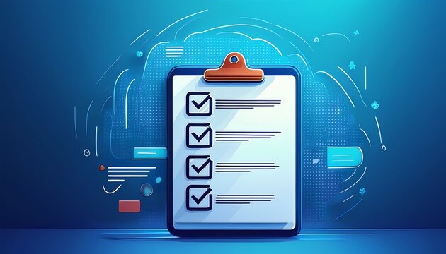 Digital clipboard with checkboxes against a blue background, symbolizing task management and organization.