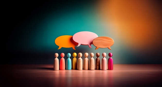 Colorful wooden figures stand beneath vibrant speech bubbles, depicting communication and diverse perspectives within a meeting or discussion scenario.