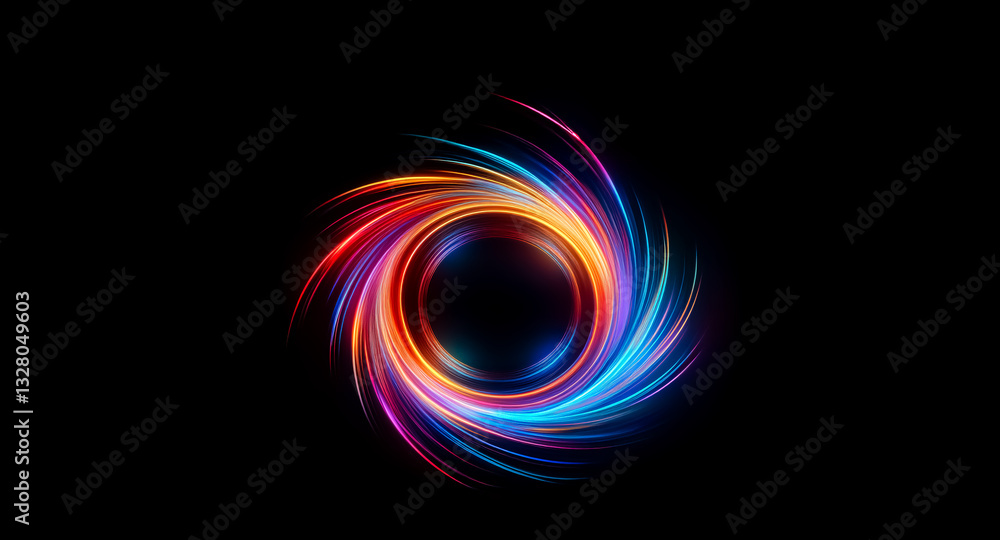 Poster swirling vibrant lights create a circular portal against a stark black backdrop. abstract design wit