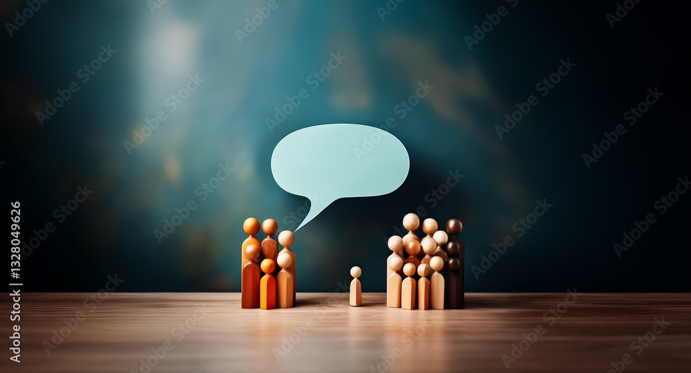 Poster a dialogue between two groups of wooden figures, symbolized by a speech bubble. one group is smaller
