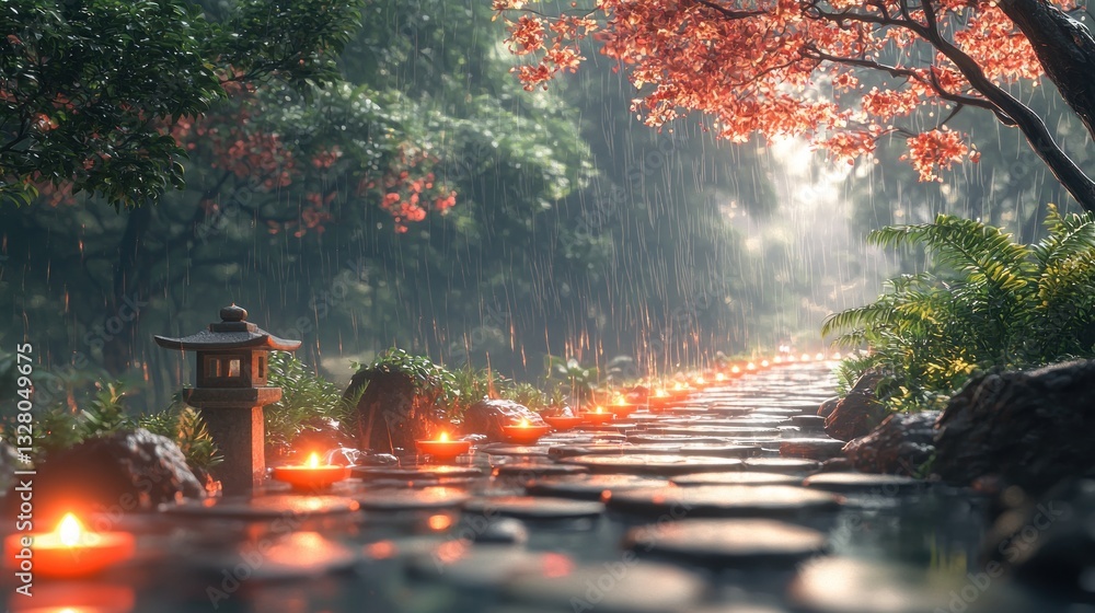 Poster serene path with lanterns and candles in a misty forest.