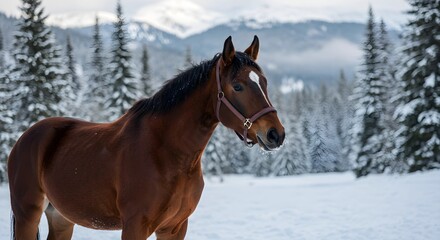Obraz premium A brown stallion standing in the middle of a snow-covered valley, surrounded by towering pine trees and distant mountains under a soft winter light
